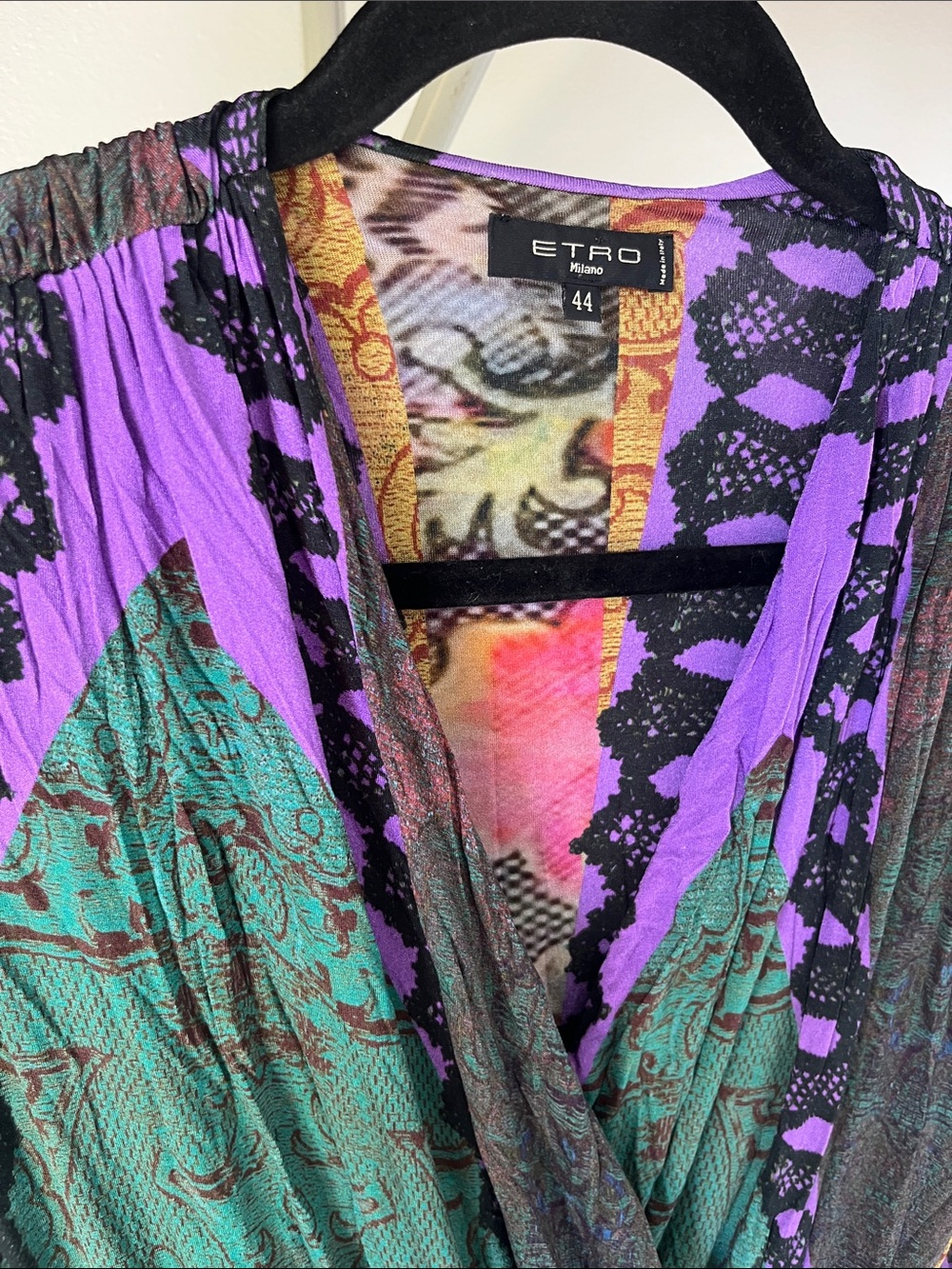 Etro Teal, Purple and Black Printed Wrap-Style Long Sleeve Dress - Picture 4 of 5